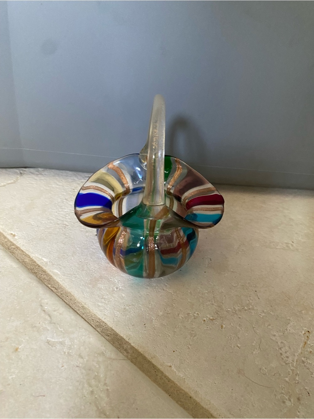 Vintage Murano Style Rainbow Stripe Art Glass Basket Aventurine Gold Flecks